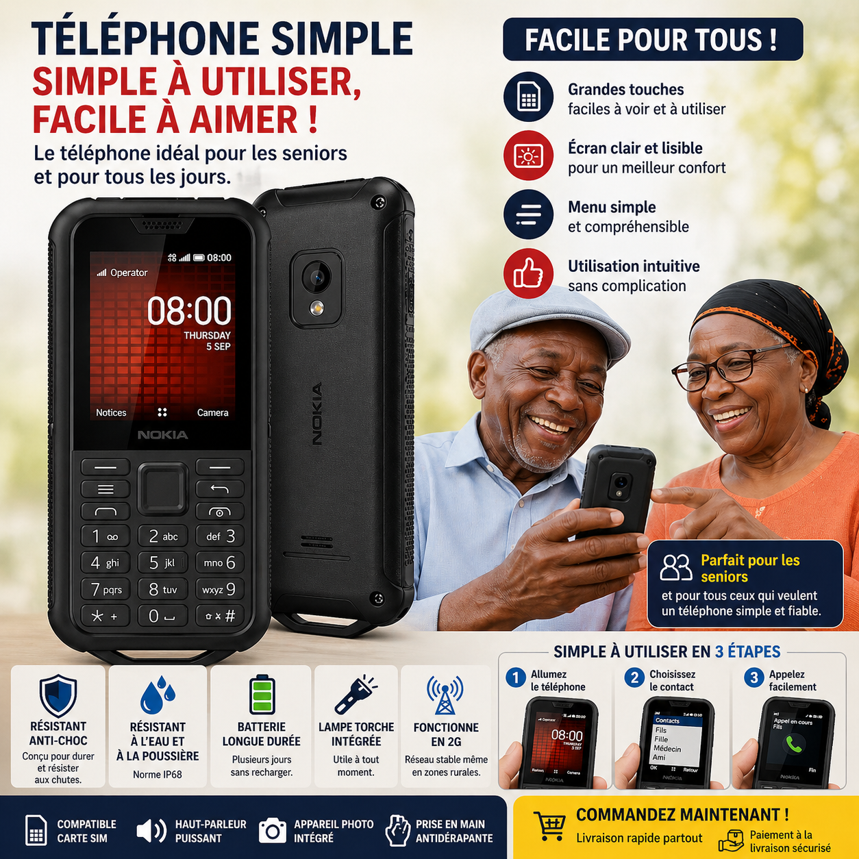 Nokia 800 Tough 2.4" 2G – Robuste, Imperméable et Batterie Longue Durée